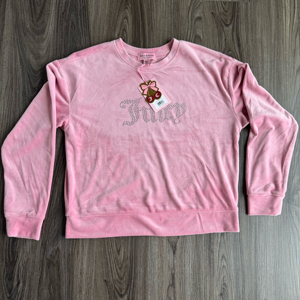 Juicy Couture Size M Classic Bling Velour Crew Neck Sweatshirt – Light Pink